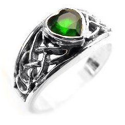 Silver Celtic Knot and Green Crystal Heart Ring 
